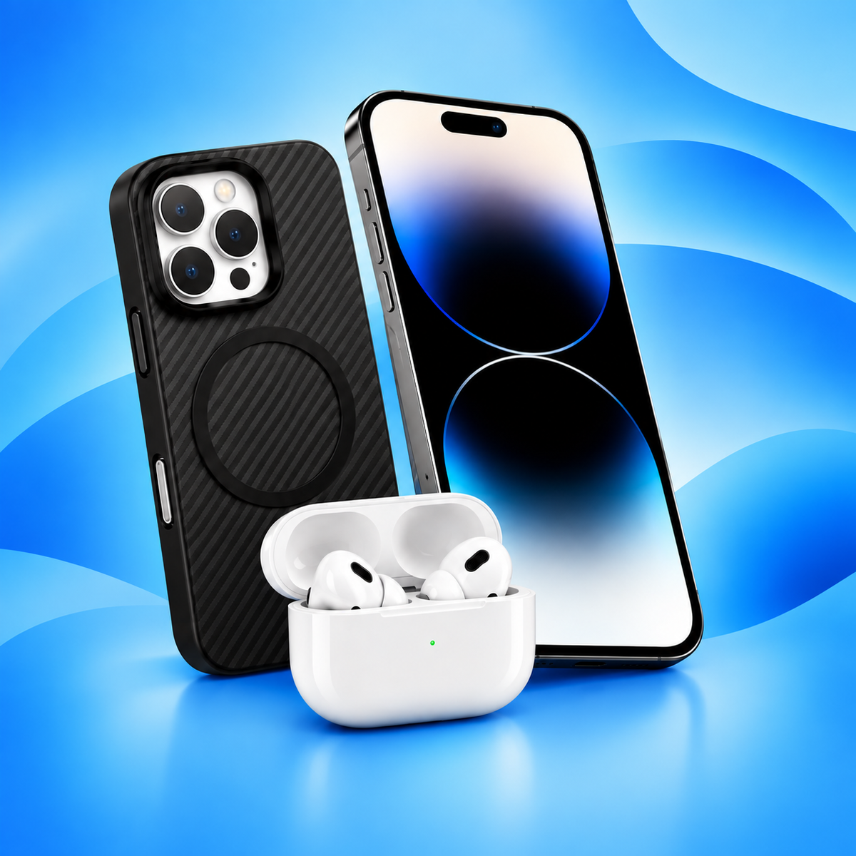 Mobile accessories collection featuring smartphone accessories, wireless earbuds, charging devices, USB cable, power bank, wall charger, and car charger.