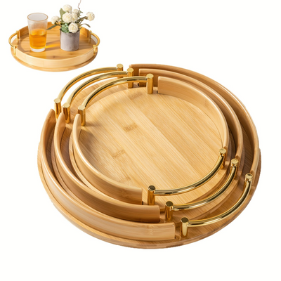 Wooden Round Serving Tray Golden Handle 3 Set