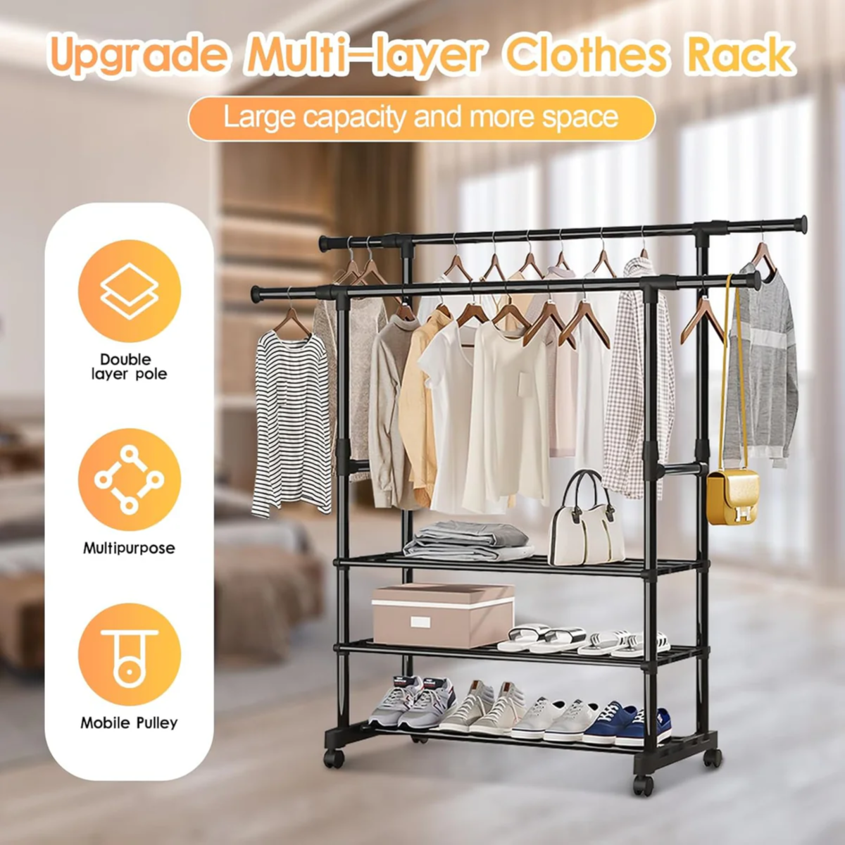 Garment Rack Extendable Double Rod With Shoe Rack