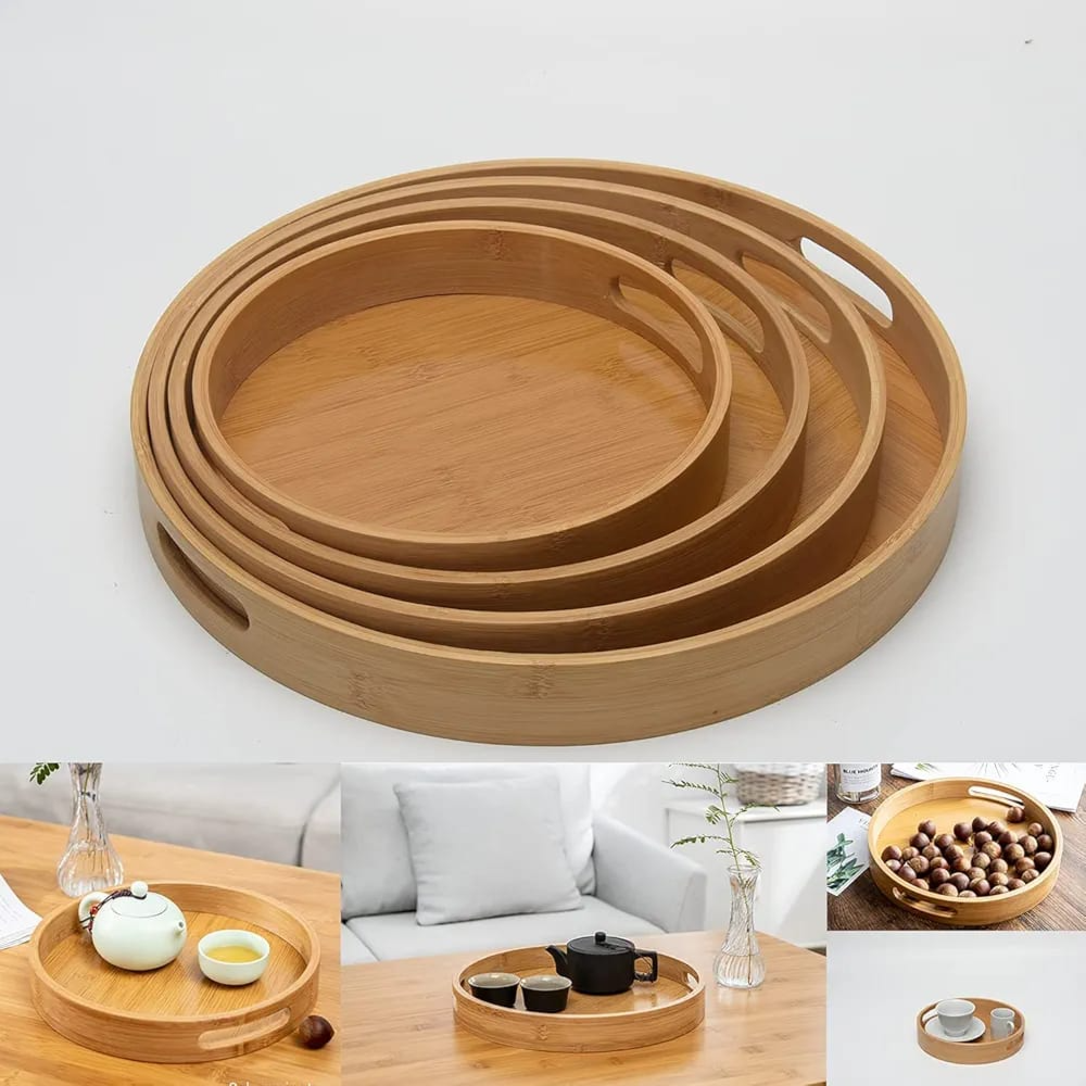 Bamboor Round Serving Tray Set with Handle 4 pcs