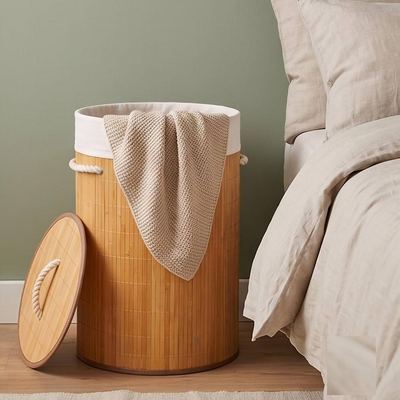 Bamboo Woven Laundry Basket Round With Lid