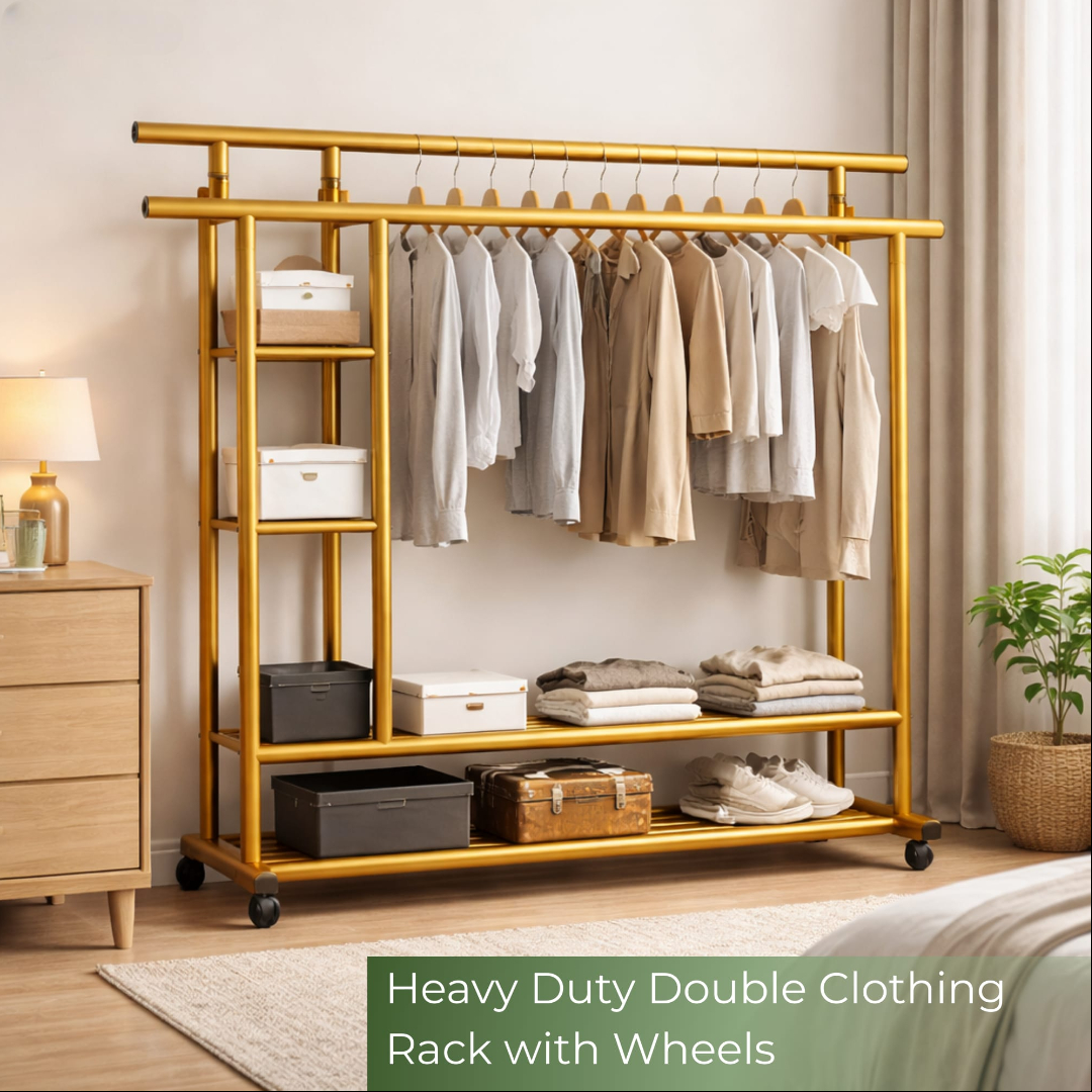 Heavy Duty Double Clothing Rack With Storage Shelves