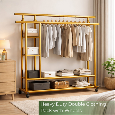 Heavy Duty Double Clothing Rack With Storage Shelves