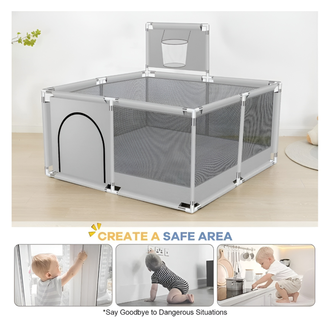 Baby Playpen with Basketball Hoop 126×126cm×66cm Large Indoor Outdoor Play Yard for Toddlers & Kids