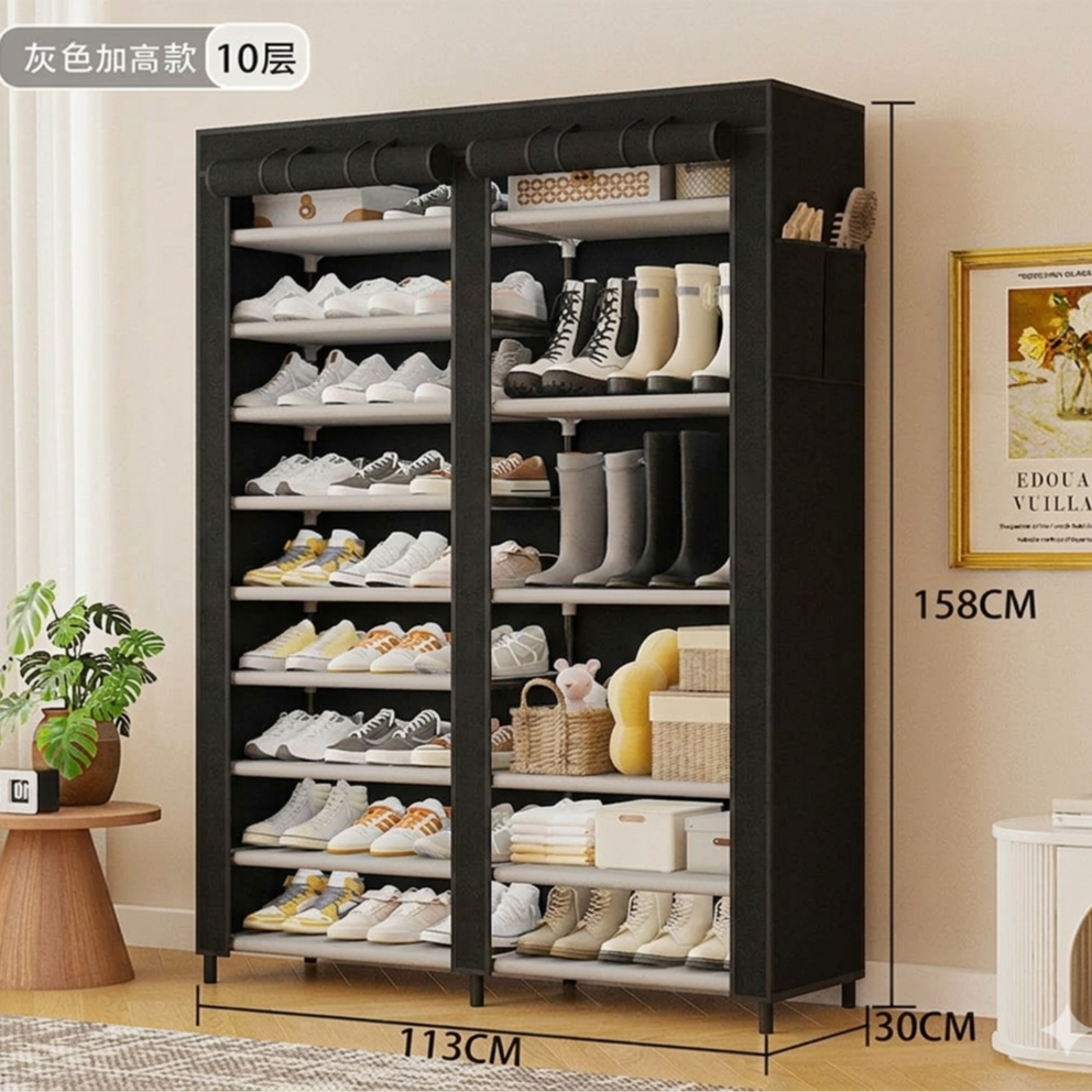 Double Row Portable Fabric Cover Shoe Rack 10 Layer