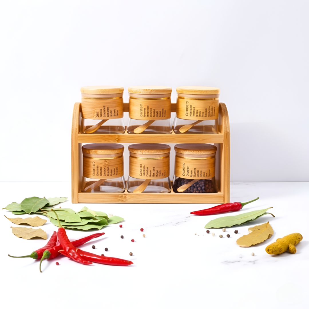 Spice Storage Glass Jars With Bamboo Stand 6Pcs