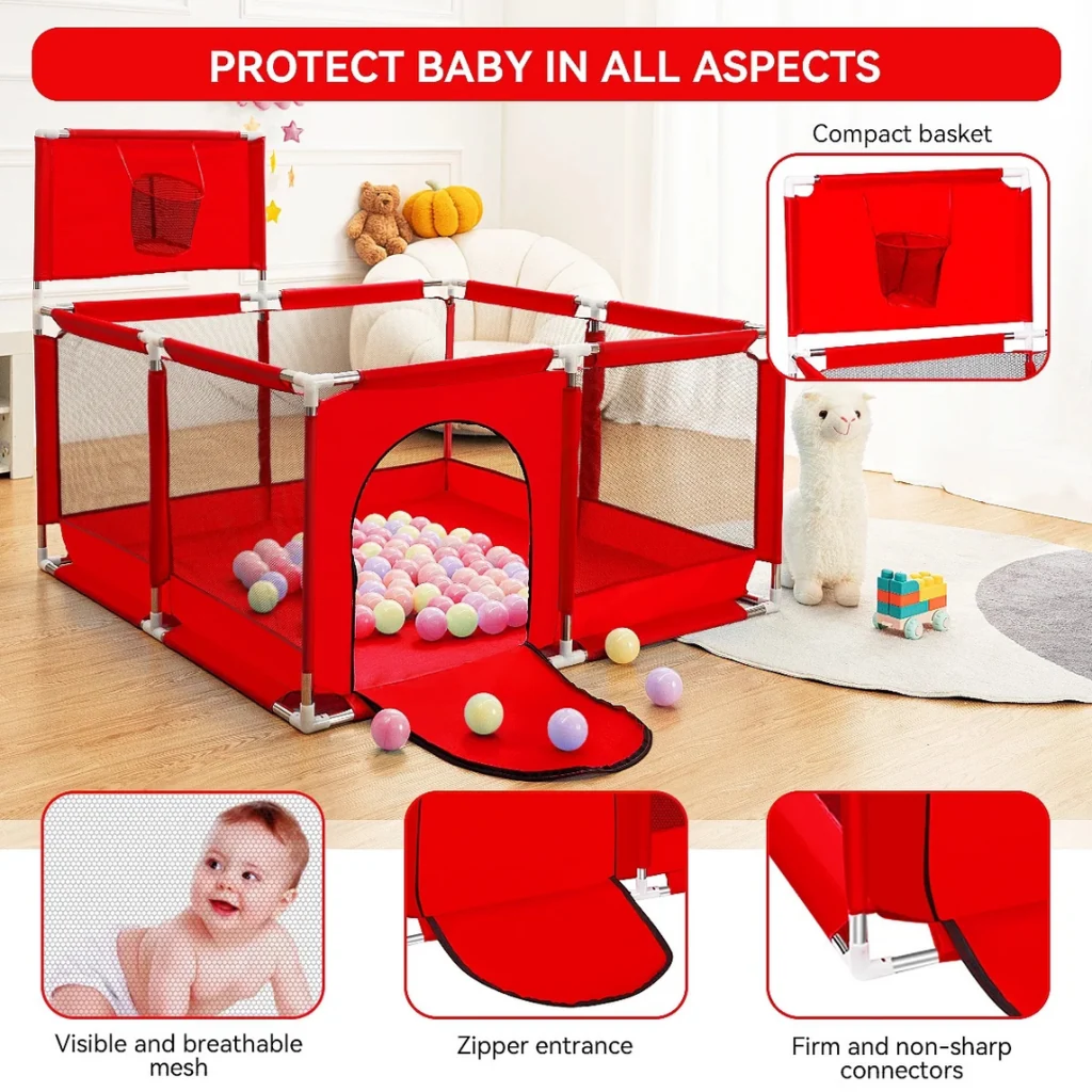 Baby Playpen with Basketball Hoop 126×126cm×66cm Large Indoor Outdoor Play Yard for Toddlers & Kids