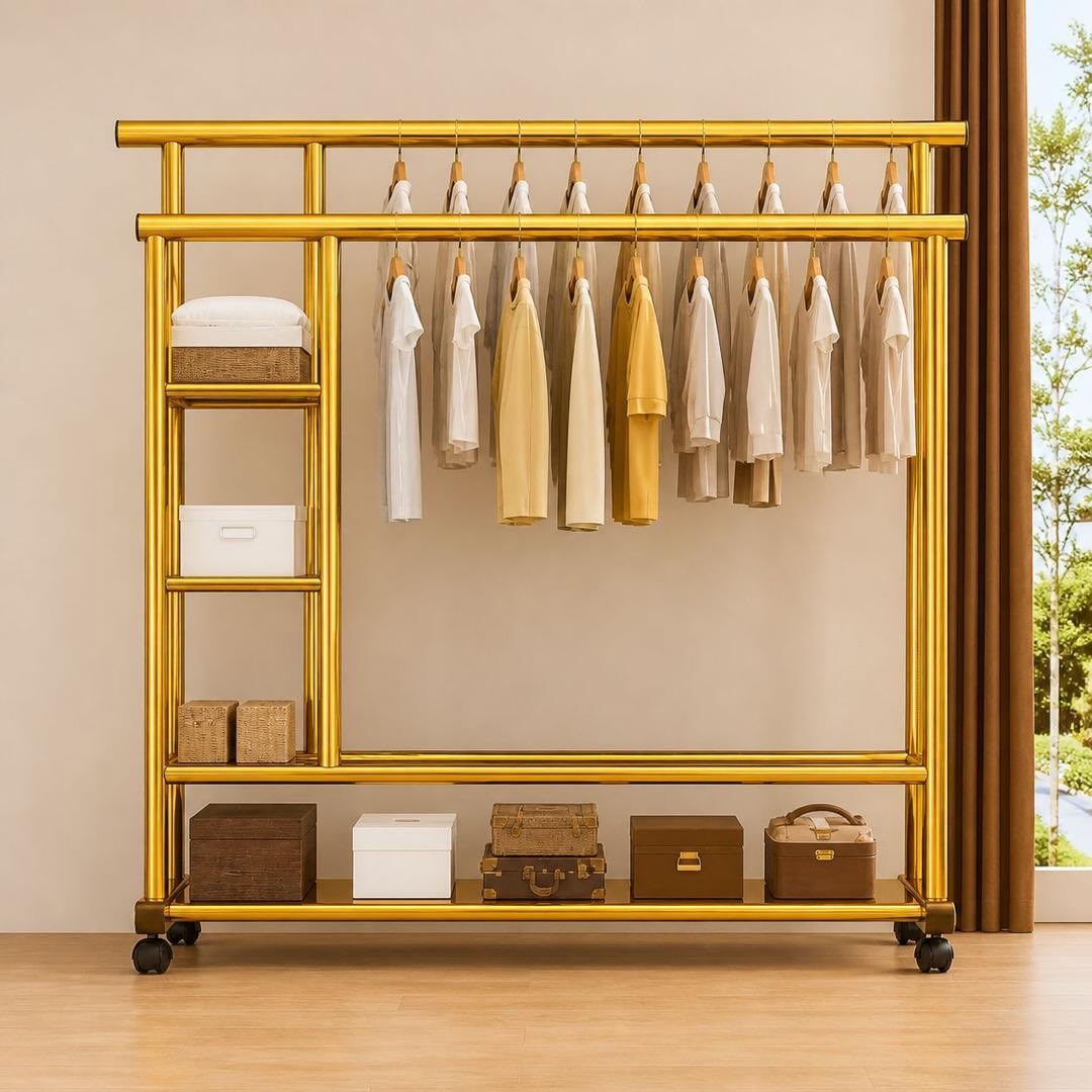 Heavy Duty Double Clothing Rack With Storage Shelves