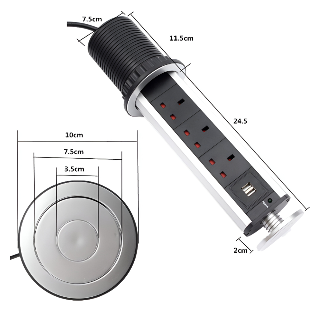 Pop up Extension cord 3 socket with 2usb port