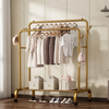 Metal Double Rod Garment Rack Wheels Gold