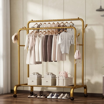 Metal Double Rod Garment Rack Wheels Gold
