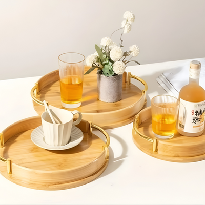 Wooden Round Serving Tray Golden Handle 3 Set