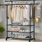 Garment Rack Extendable Double Rod With Shoe Rack