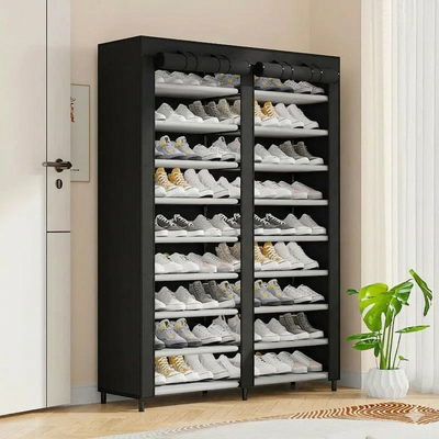 Double Row Portable Fabric Cover Shoe Rack 10 Layer