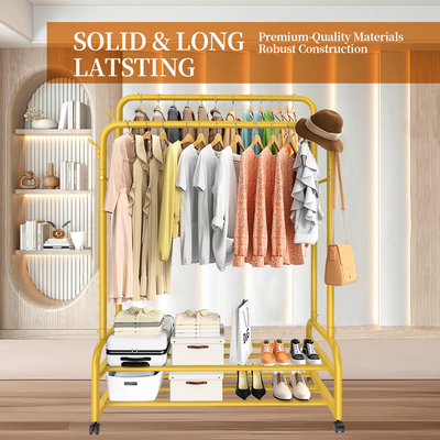 Metal Double Rod Garment Rack Wheels Golden