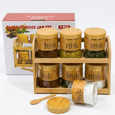 Spice Storage Glass Jars With Bamboo Stand 6Pcs