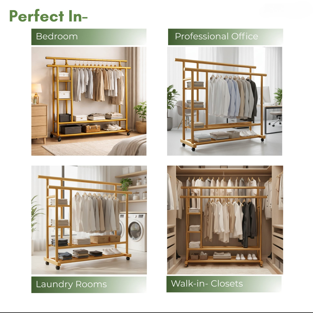 Heavy Duty Double Clothing Rack With Storage Shelves