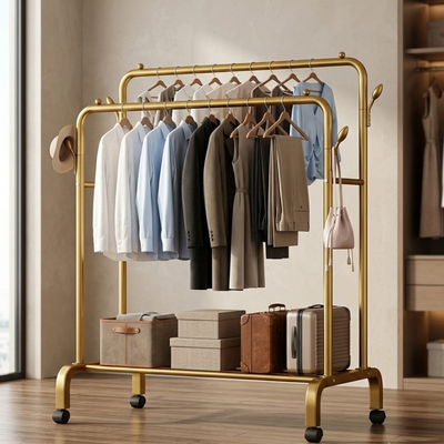 Metal Double Rod Garment Rack Wheels Gold