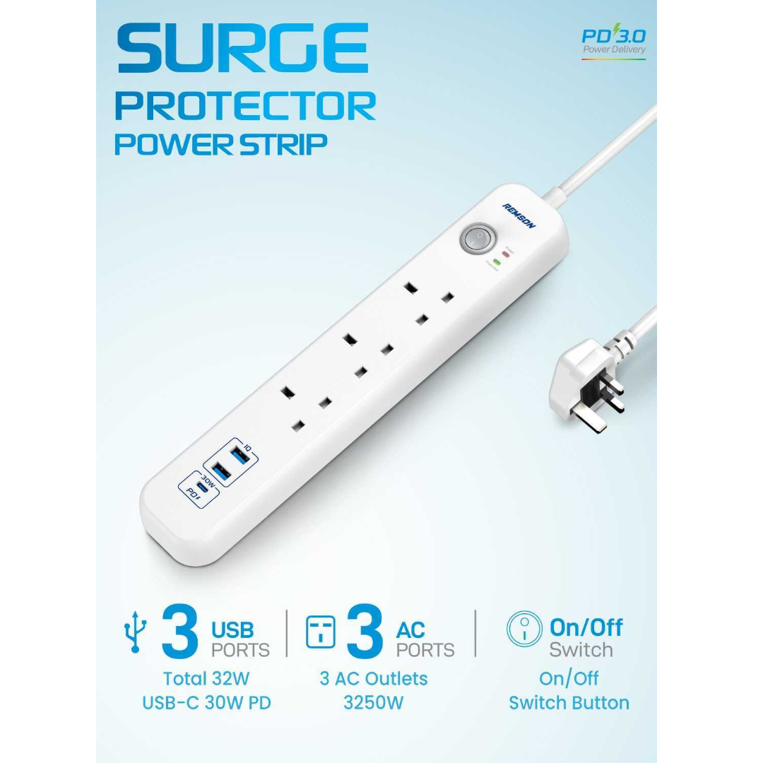 شريط طاقة ريمسون أساسي للحماية من زيادة التيار 6 اتجاهات 3 USB و3 منافذ تيار متردد