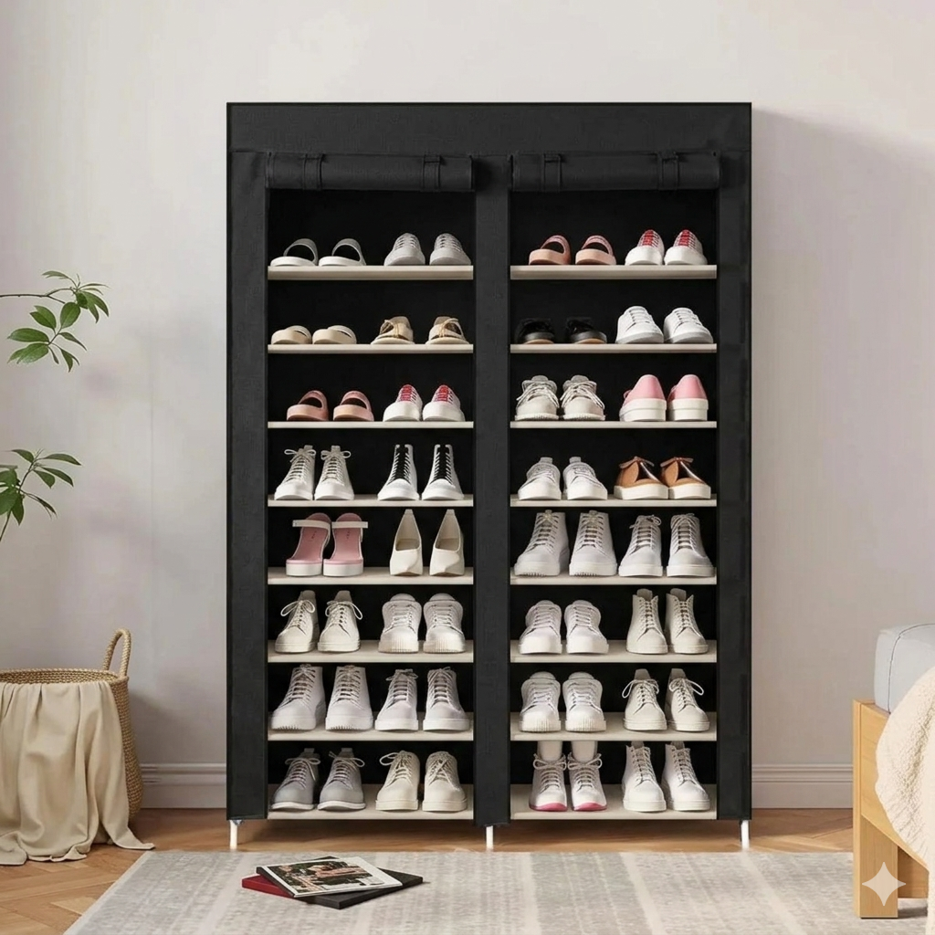 Double Row Portable Fabric Cover Shoe Rack 10 Layer