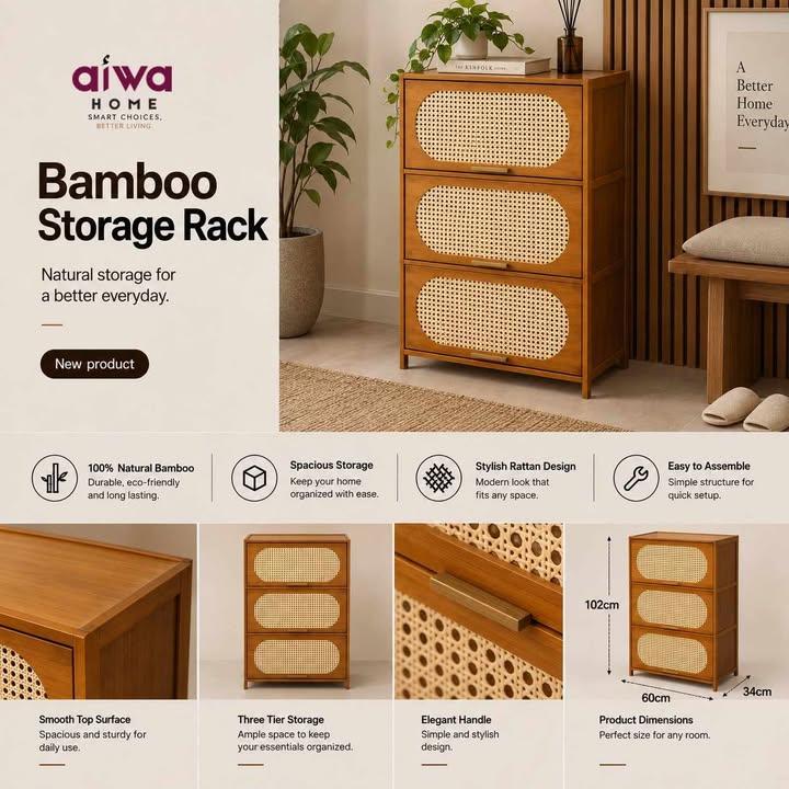 Bamboo Multi-Layer Shoe Cabinet 3 Door 6 Layers