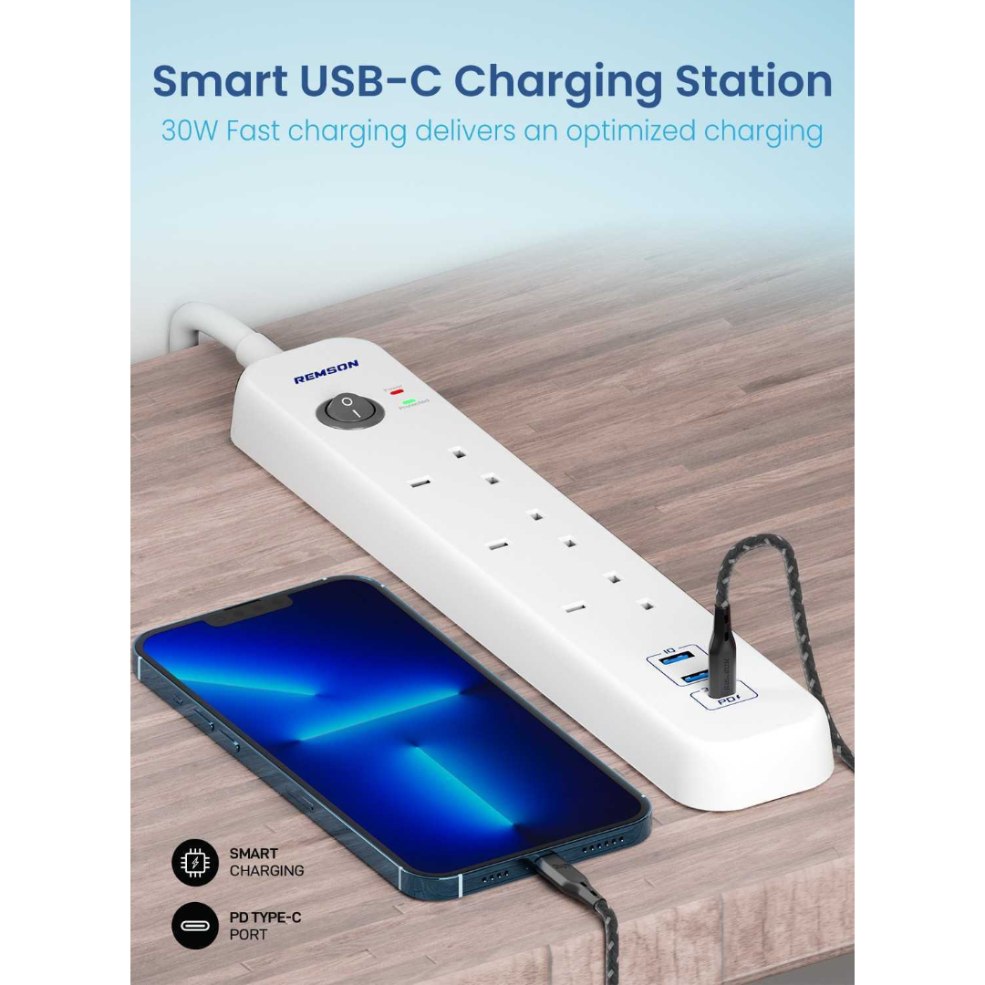 شريط طاقة ريمسون أساسي للحماية من زيادة التيار 6 اتجاهات 3 USB و3 منافذ تيار متردد