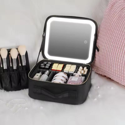 Portable Makeup Cosmetic Box with LED Mirror Black