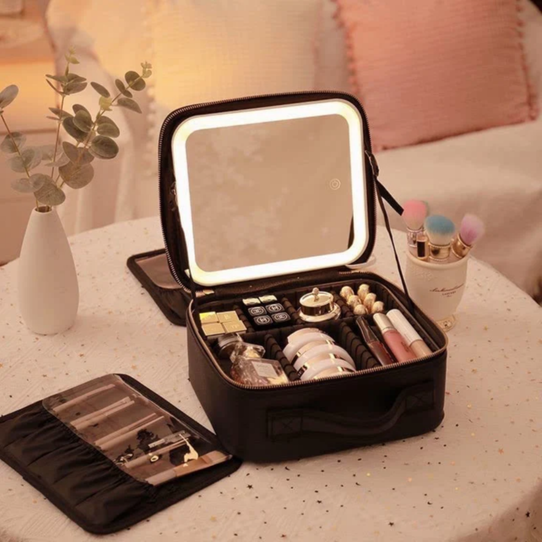 Portable Makeup Cosmetic Box with LED Mirror Black