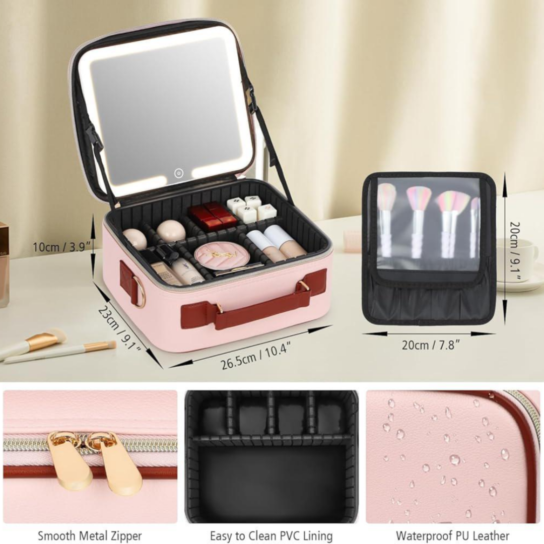 Portable Makeup Cosmetic Box with LED Mirror Black