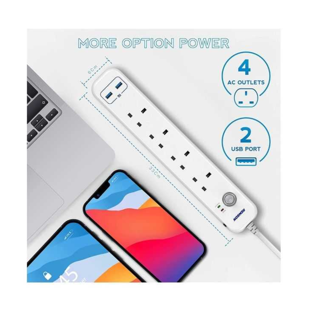 Remson Essential 6 Way 2 Usb Ports + 4 Ac Outlets Surge Protection Power Strip