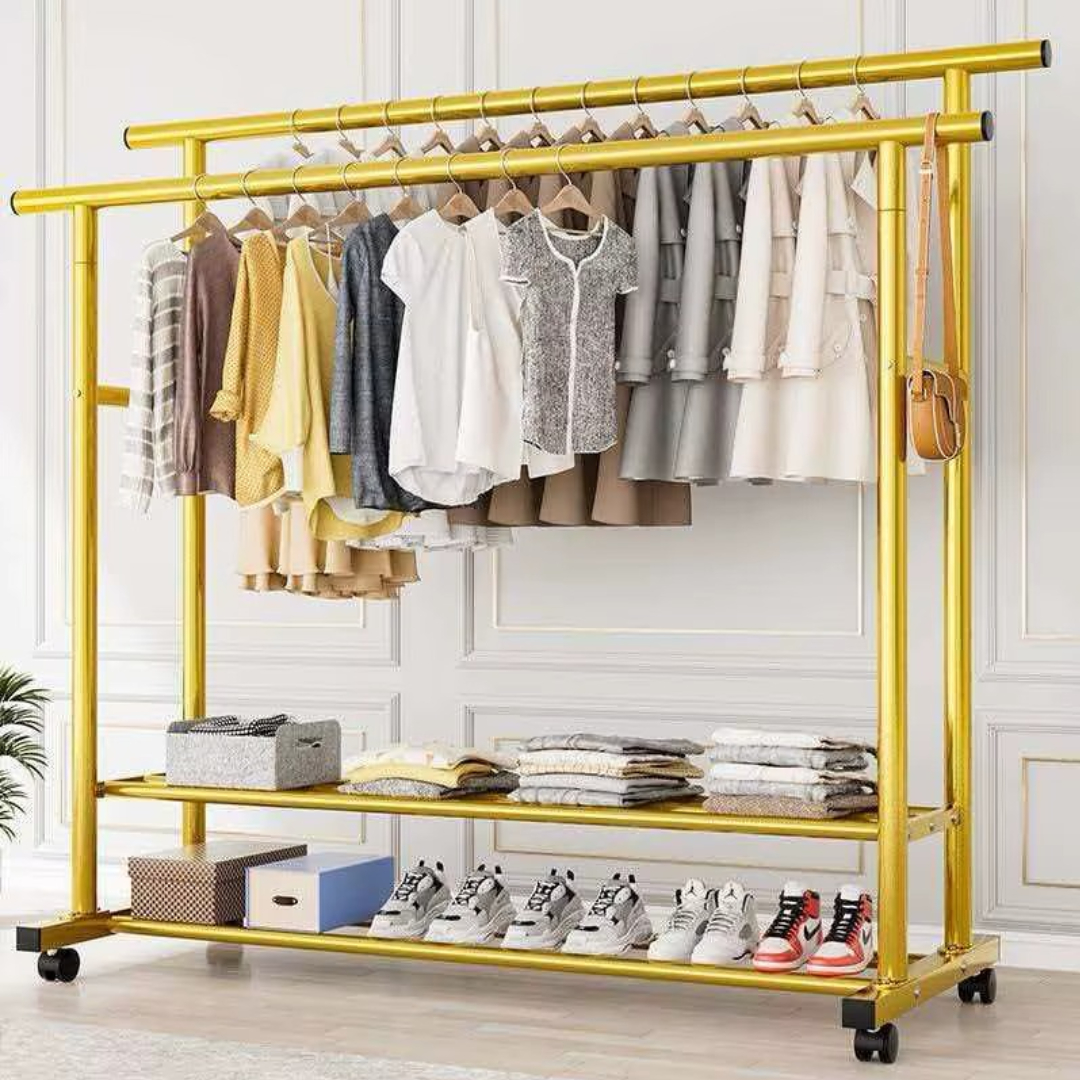 Double Rod Iron Coat Rack Storage Organizer Shelves