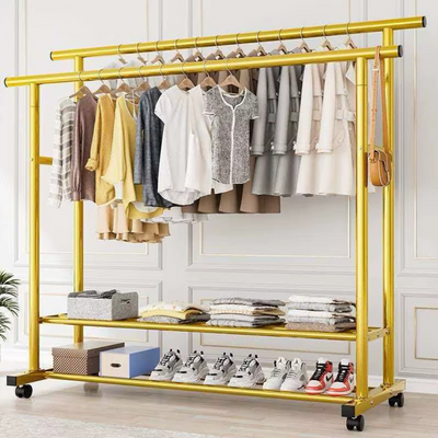 Double Rod Iron Coat Rack Storage Organizer Shelves