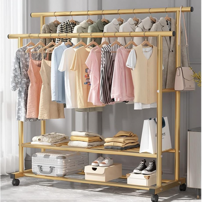 Double Rod Iron Coat Rack Storage Organizer Shelves