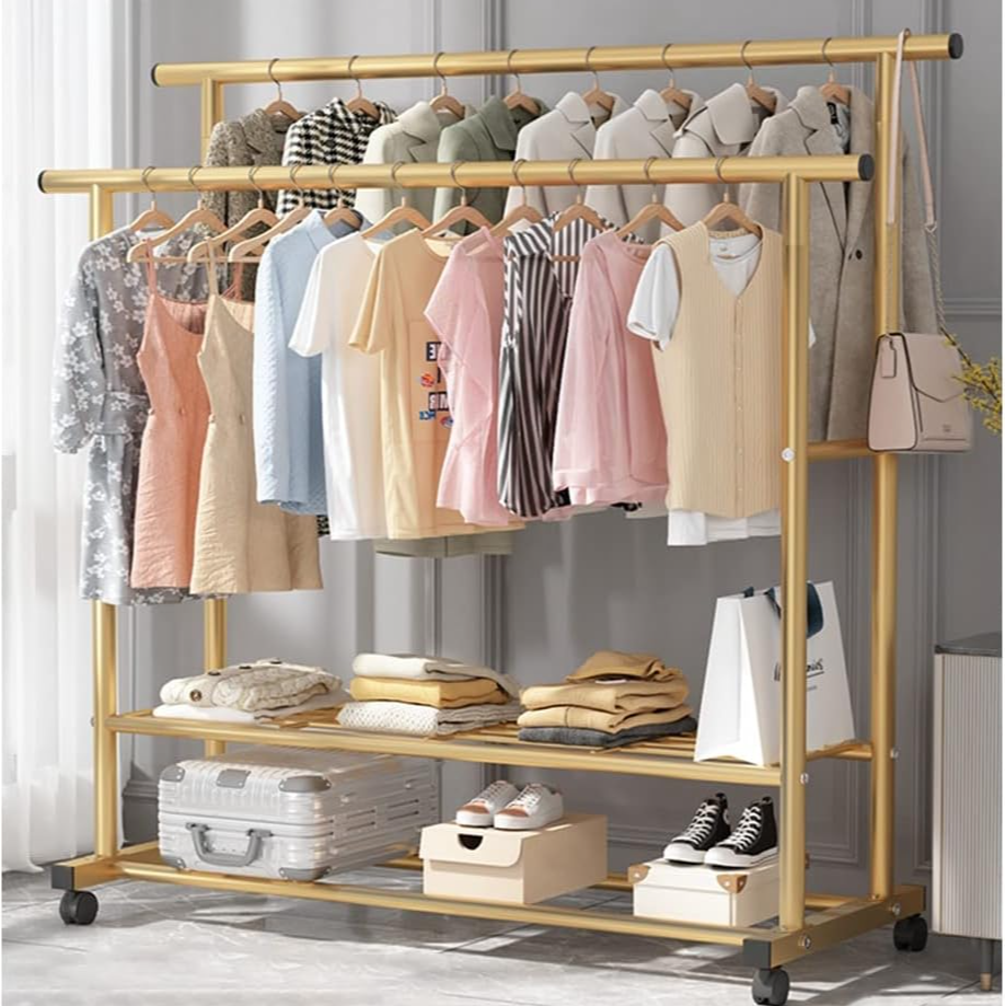 Double Rod Iron Coat Rack Storage Organizer Shelves