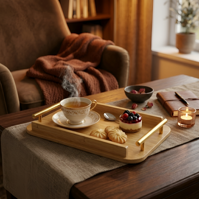 Bamboo Serving Tray With Golden Handle