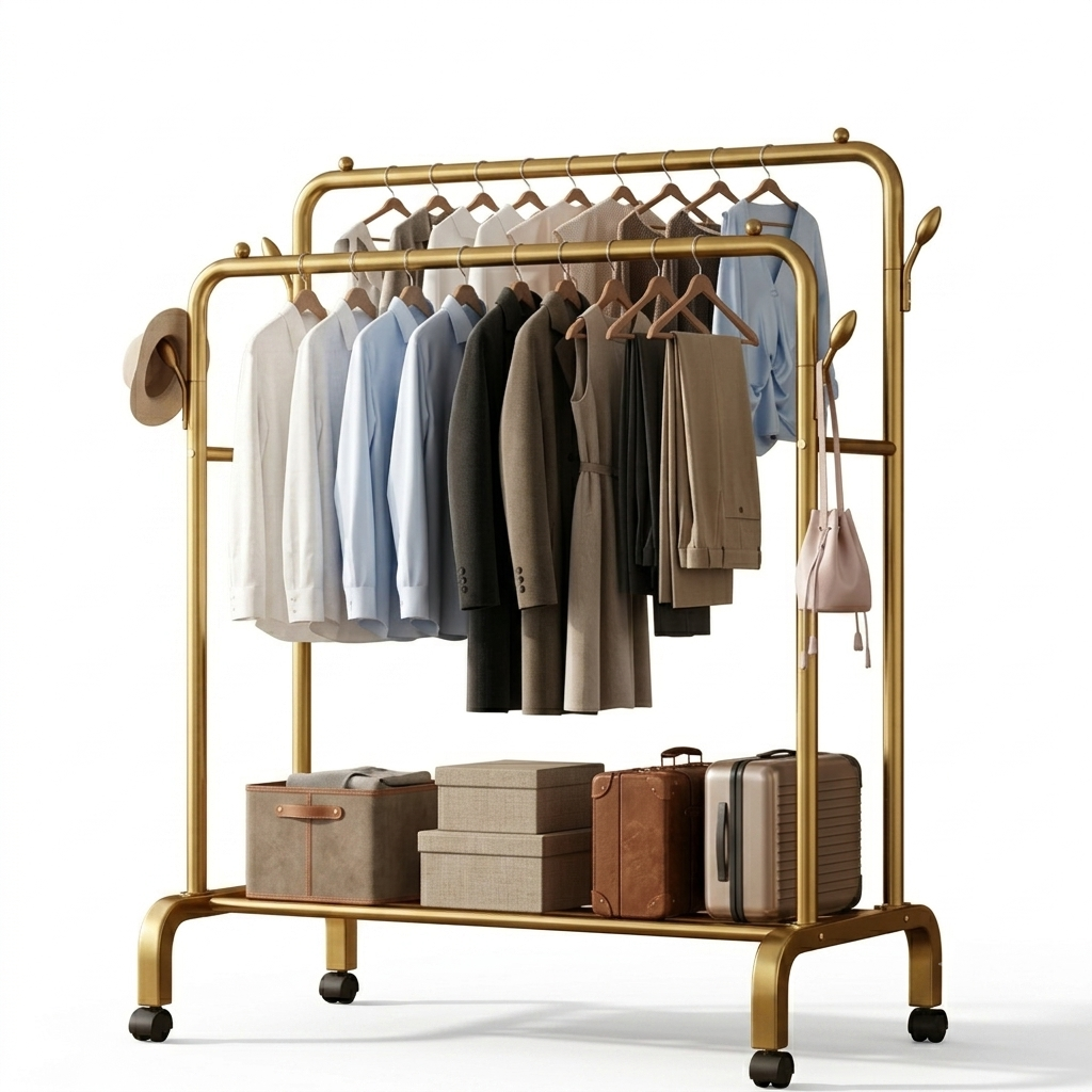 Metal Double Rod Garment Rack Wheels Gold