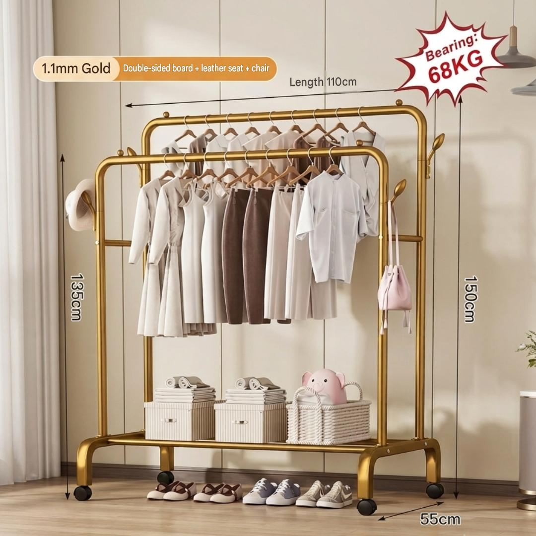 Metal Double Rod Garment Rack Wheels Gold