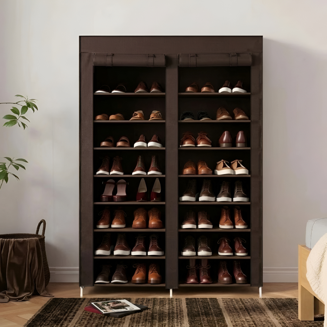 Double Row Portable Fabric Cover Shoe Rack 10 Layer