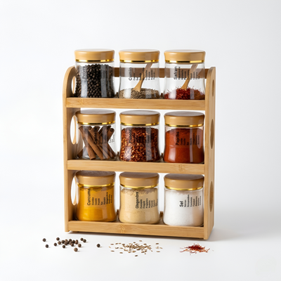 Spice Storage Glass Jars With Bamboo Stand 9 Pcs