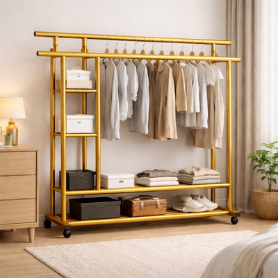 Heavy Duty Double Clothing Rack With Storage Shelves