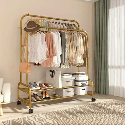 Metal Double Rod Garment Rack Wheels Golden