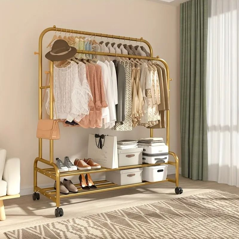 Metal Double Rod Garment Rack Wheels Golden