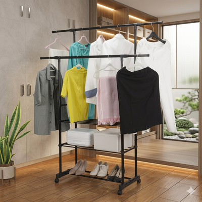 Garment Rack Extendable Double Rod With Shoe Rack